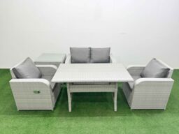 Fimous Light Grey PE Wicker Rattan Garden Furniture Set Sofa Set Reclining Chair Rectangular Dining Table 4 Seater With Side Table - thumbnail 2