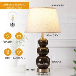 NIVOR 62.4cm Brown Ceramic Table Lamp With USB Ports & Bulb Included 2 Set - thumbnail 2