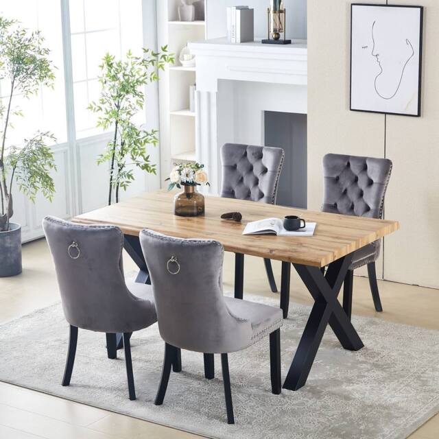 HomeTouch Cero Set of 5 Live Edge Oak Dining Table & 4 Grey Velvet Lux Dining Chairs - Size: 5 Pack - image 1
