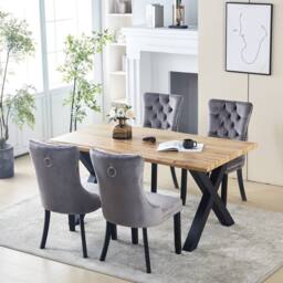 HomeTouch Weston 5 Pieces Live Edge Oak Dining Table Set with 4 Velvet Upholstered Dining Chairs, 140cm Kitchen Table Set in Grey - Size: 5 Pack