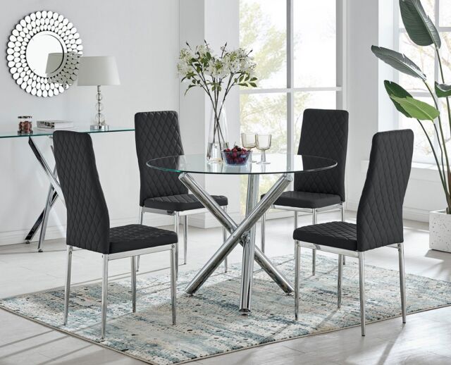 FurnitureboxUK Selina Chrome Round Glass Dining Table & 4 Milan Dining Chairs in Black - Size: 4 Person - image 1
