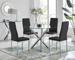 FurnitureboxUK Selina Chrome Round Glass Dining Table & 4 Milan Dining Chairs in Black - Size: 4 Person