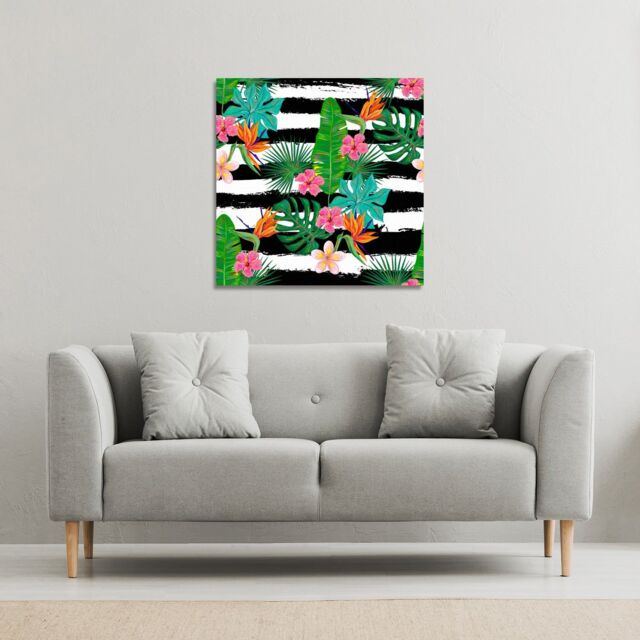 Benjamin Tate Design Tropical Plants on Black & White Stripes (Canvas Print) / 101 x 101 x 4cm in Natural - Size: 101 x 101 x 4 cm - image 1