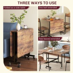 HOMCOM Mobile Drop Leaf Table, Folding Kitchen Table with 6 Wheels in Brown - thumbnail 4