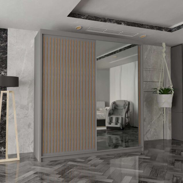 MN Furniture Reno 2 Sliding Door Wardrobe with Mirror & LED Light Oak 150x217cm in Grey - Size: 150x217 cm - image 1