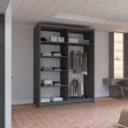 MN Furniture Reno 2 Sliding Door Wardrobe with Mirror & LED Light Oak 150x217cm in Grey - Size: 150x217 cm - thumbnail 3