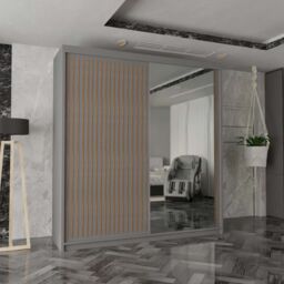 MN Furniture Reno 2 Sliding Door Wardrobe with Mirror & LED Light Oak 150x217cm in Grey - Size: 150x217 cm