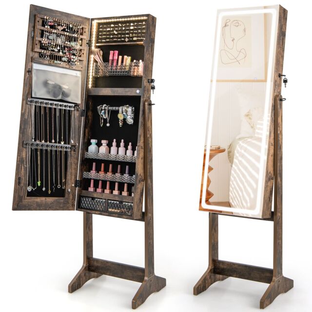 Costway Standing Jewelry Cabinet Lockable Jewelry Armoire w/ LED Lights in Brown - image 1