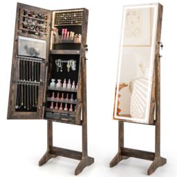 Costway Standing Jewelry Cabinet Lockable Jewelry Armoire w/ LED Lights in Brown