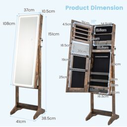 Costway Standing Jewelry Cabinet Lockable Jewelry Armoire w/ LED Lights in Brown - thumbnail 2