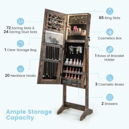Costway Standing Jewelry Cabinet Lockable Jewelry Armoire w/ LED Lights in Brown - thumbnail 5