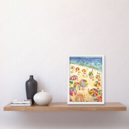 Artery8 Summer Beach Sunshine Folk Art Artwork Framed Wall Art Print A4 in White - thumbnail 2
