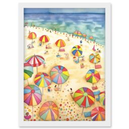 Artery8 Summer Beach Sunshine Folk Art Artwork Framed Wall Art Print A4 in White - thumbnail 1