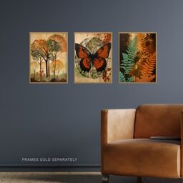 Artery8 Wall Art Print Set of 3 s Botanical Autumn Orange & Greens Butterfly Ferns Trees 3 Pack Poster Living Room s - Size: A4 - thumbnail 2