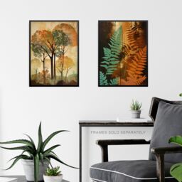 Artery8 Wall Art Print Set of 3 s Botanical Autumn Orange & Greens Butterfly Ferns Trees 3 Pack Poster Living Room s - Size: A4 - thumbnail 6