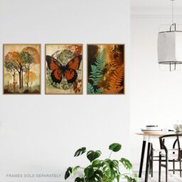 Artery8 Wall Art Print Set of 3 s Botanical Autumn Orange & Greens Butterfly Ferns Trees 3 Pack Poster Living Room s - Size: A4 - thumbnail 3