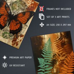 Artery8 Wall Art Print Set of 3 s Botanical Autumn Orange & Greens Butterfly Ferns Trees 3 Pack Poster Living Room s - Size: A4 - thumbnail 4