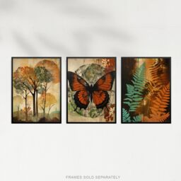 Artery8 Wall Art Print Set of 3 s Botanical Autumn Orange & Greens Butterfly Ferns Trees 3 Pack Poster Living Room s - Size: A4 - thumbnail 5