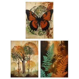 Artery8 Wall Art Print Set of 3 s Botanical Autumn Orange & Greens Butterfly Ferns Trees 3 Pack Poster Living Room s - Size: A4 - thumbnail 1