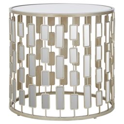 Orsina Champagne Silver Finished Small Side Table, Mirrored Glass Topped Round Table, Decorative Table, Coffee Table
