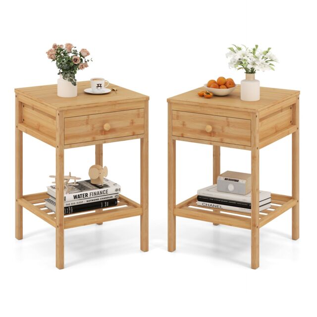Gymax 2 PCS Bamboo Nightstand Bedside Table With Storage Drawer & Shelf in Light Khaki - image 1