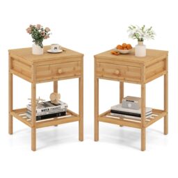 Gymax 2 PCS Bamboo Nightstand Bedside Table With Storage Drawer & Shelf in Light Khaki