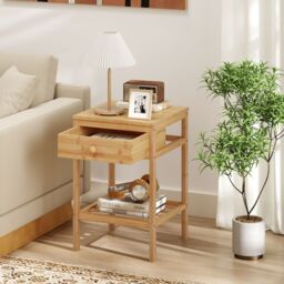 Gymax 2 PCS Bamboo Nightstand Bedside Table With Storage Drawer & Shelf in Light Khaki - thumbnail 5