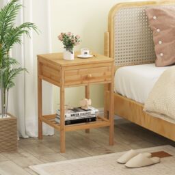 Gymax 2 PCS Bamboo Nightstand Bedside Table With Storage Drawer & Shelf in Light Khaki - thumbnail 3