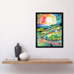 "Artery8 Wall Art Print Rural Landscape English Countryside Sunrise Folk Art Watercolour Painting Art Framed in Black - Size: W12"" x H16""" - thumbnail 2