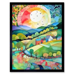 "Artery8 Wall Art Print Rural Landscape English Countryside Sunrise Folk Art Watercolour Painting Art Framed in Black - Size: W12"" x H16""" - thumbnail 1