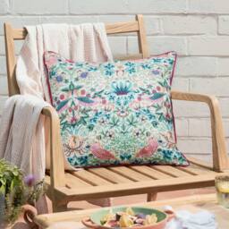 Morris & Co Strawberry Thief Piped Outdoor Cushion in Coral - Size: 50 cm x 50 cm - thumbnail 1