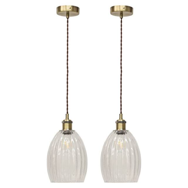 First Choice Lighting Set of 2 Birch - Clear Fluted Glass Antique Brass Retro Pendants - image 1