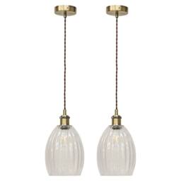 First Choice Lighting Set of 2 Birch - Clear Fluted Glass Antique Brass Retro Pendants - thumbnail 1