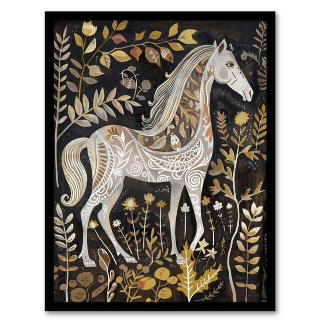 "Artery8 Patterned Horse Woodland Forest Rustic Folk Art Framed Art Print in Dark Grey - Size: W12"" x H16""" - image 1