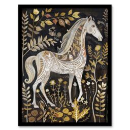 "Artery8 Patterned Horse Woodland Forest Rustic Folk Art Framed Art Print in Dark Grey - Size: W12"" x H16""" - thumbnail 1