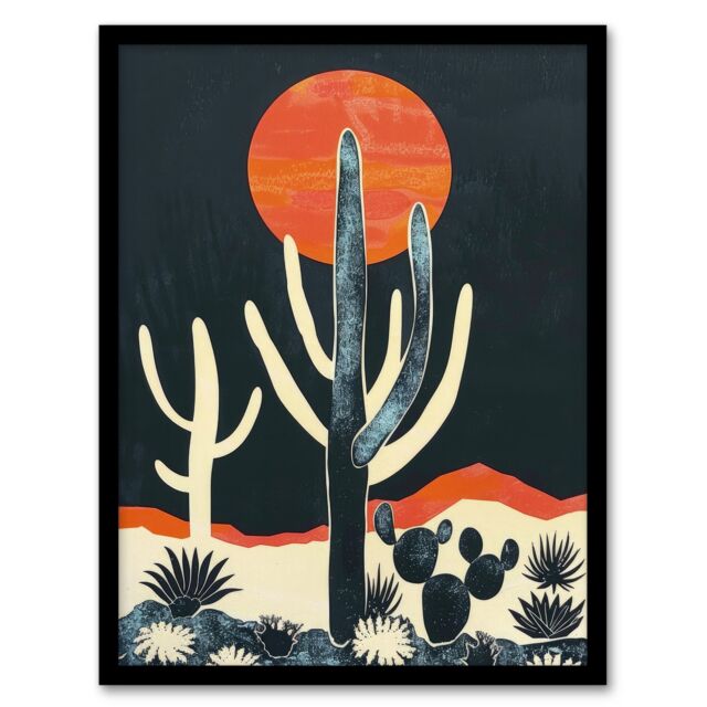 Artery8 Wall Art Print Saguaro Cactus Orange Grey Sun Desert Landscape Art Framed Poster in Black - Size: A4 - image 1