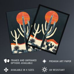 Artery8 Wall Art Print Saguaro Cactus Orange Grey Sun Desert Landscape Art Framed Poster in Black - Size: A4 - thumbnail 2