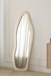 Living and Home Irregular Wavy Full-Length Floor Mirror with Soft Fleece Frame in Khaki - thumbnail 2