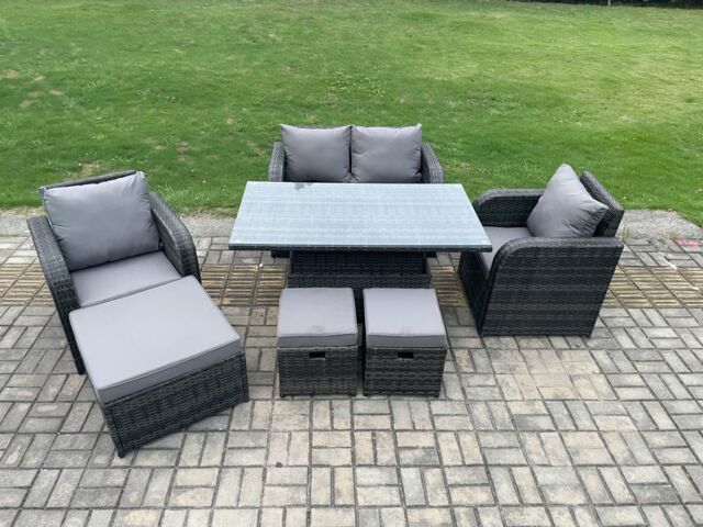 Fimous Wicker PE Rattan Furniture Garden Dining Set Outdoor Height Adjustable Rising lifting Table Love Sofa Chair Set in Dark Grey - image 1