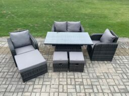 Fimous Wicker PE Rattan Furniture Garden Dining Set Outdoor Height Adjustable Rising lifting Table Love Sofa Chair Set in Dark Grey - thumbnail 2