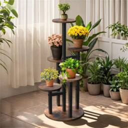 EONLION Round Plant Stand Indoor Tall Metal Wood Plant Shelf in Brown - thumbnail 3