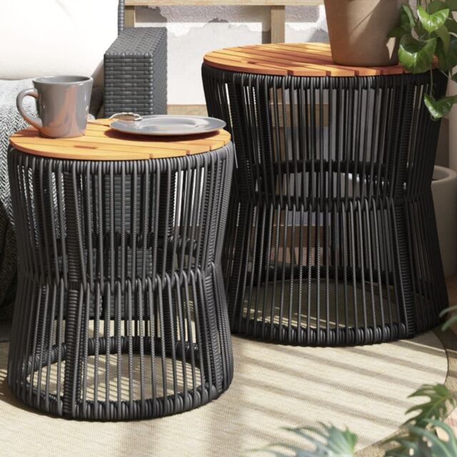 Berkfield Home Garden Side Tables 2 pcs with Wooden Top Black Poly Rattan - image 1
