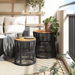 Berkfield Home Garden Side Tables 2 pcs with Wooden Top Black Poly Rattan - thumbnail 3