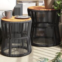 Berkfield Home Garden Side Tables 2 pcs with Wooden Top Black Poly Rattan - thumbnail 1