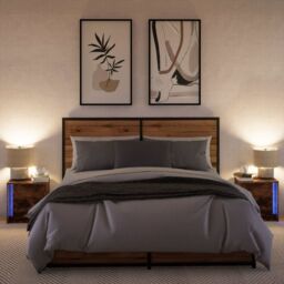 Berkfield Home Bedside Cabinets with LED Lights 2 pcs Smoked Oak Engineered Wood in Brown - thumbnail 5