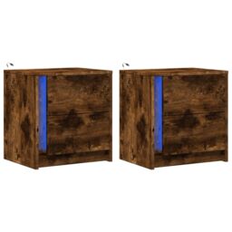 Berkfield Home Bedside Cabinets with LED Lights 2 pcs Smoked Oak Engineered Wood in Brown - thumbnail 3