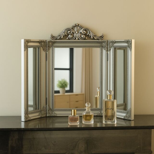 Melody Maison Ornate Silver Dressing Table Triple Mirror in Metallic Silver - image 1