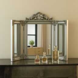 Melody Maison Ornate Silver Dressing Table Triple Mirror in Metallic Silver