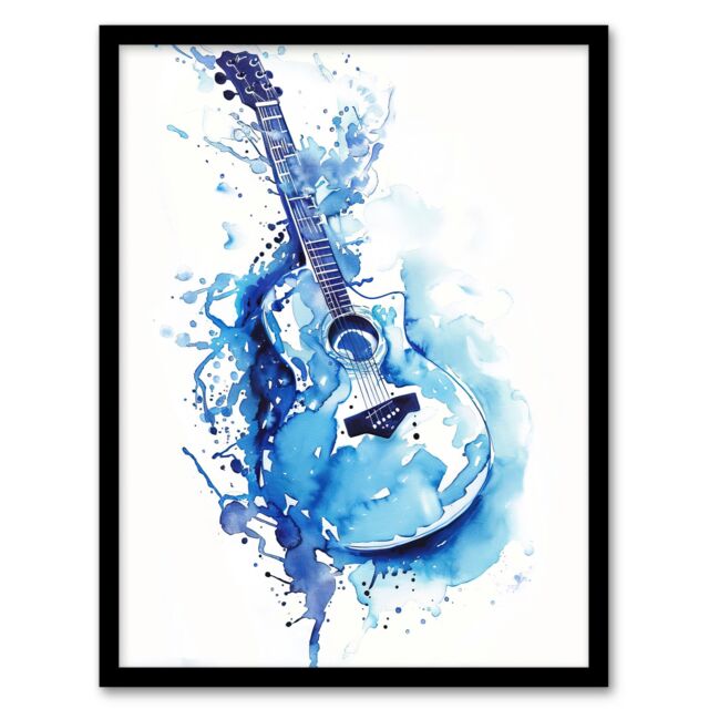"Artery8 Abstract Music Guitar Blue Watercolour Splat Framed Wall Art - Size: W12"" x H16""" - image 1