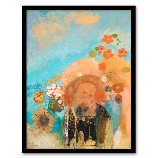 Artery8 Odilon Redon Framed Wall Art Evocation of Roussel Floral Portrait in Blue - Size: A4 - image 1